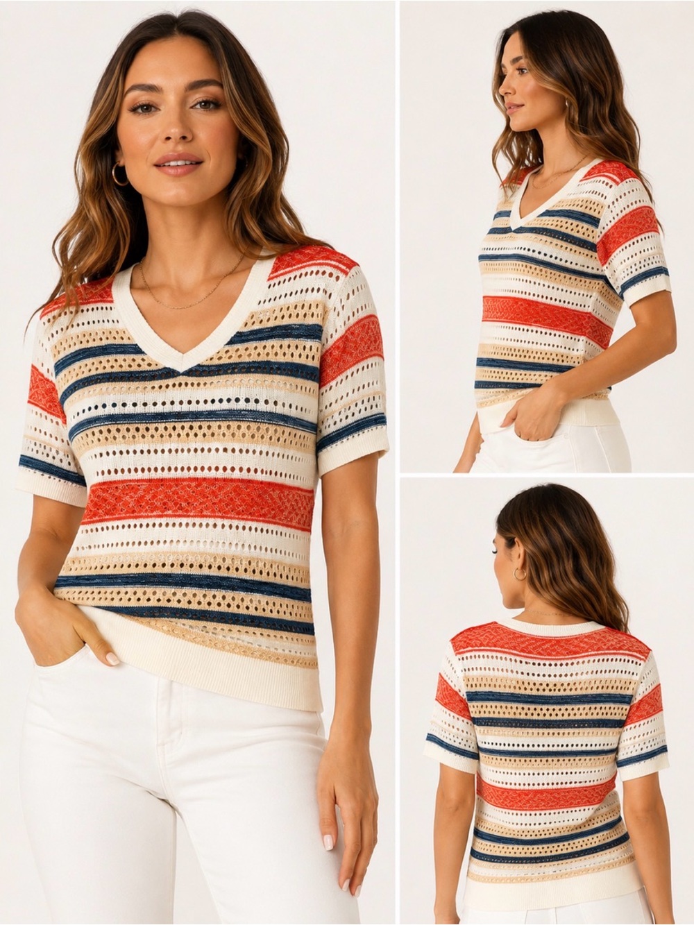 Open-Knit V-Neck Sweater in Cream, Coral & Navy